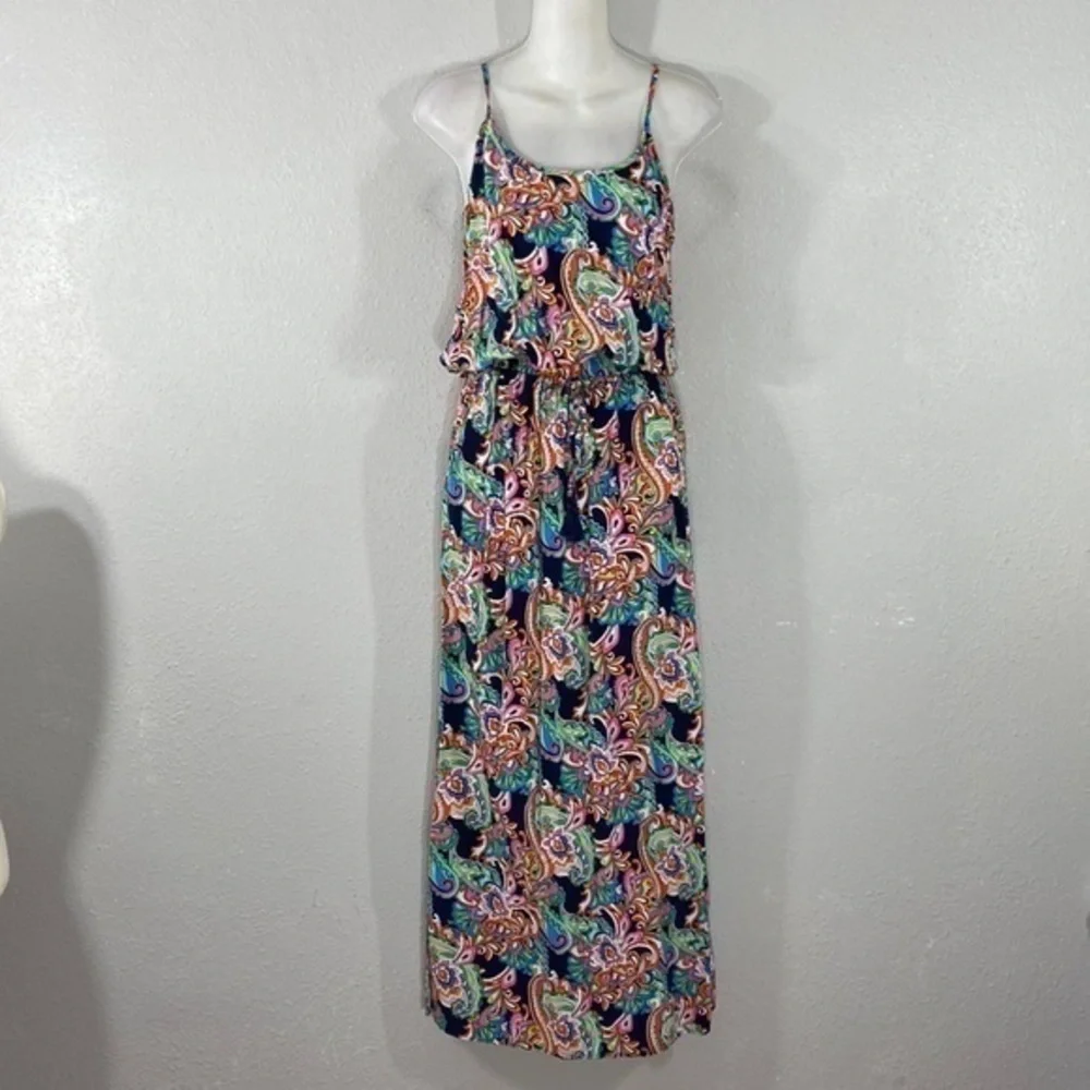 Tommy Bahama Mare Multi Paisley Print Elastic Tie Waist Slit Side Maxi Dress S